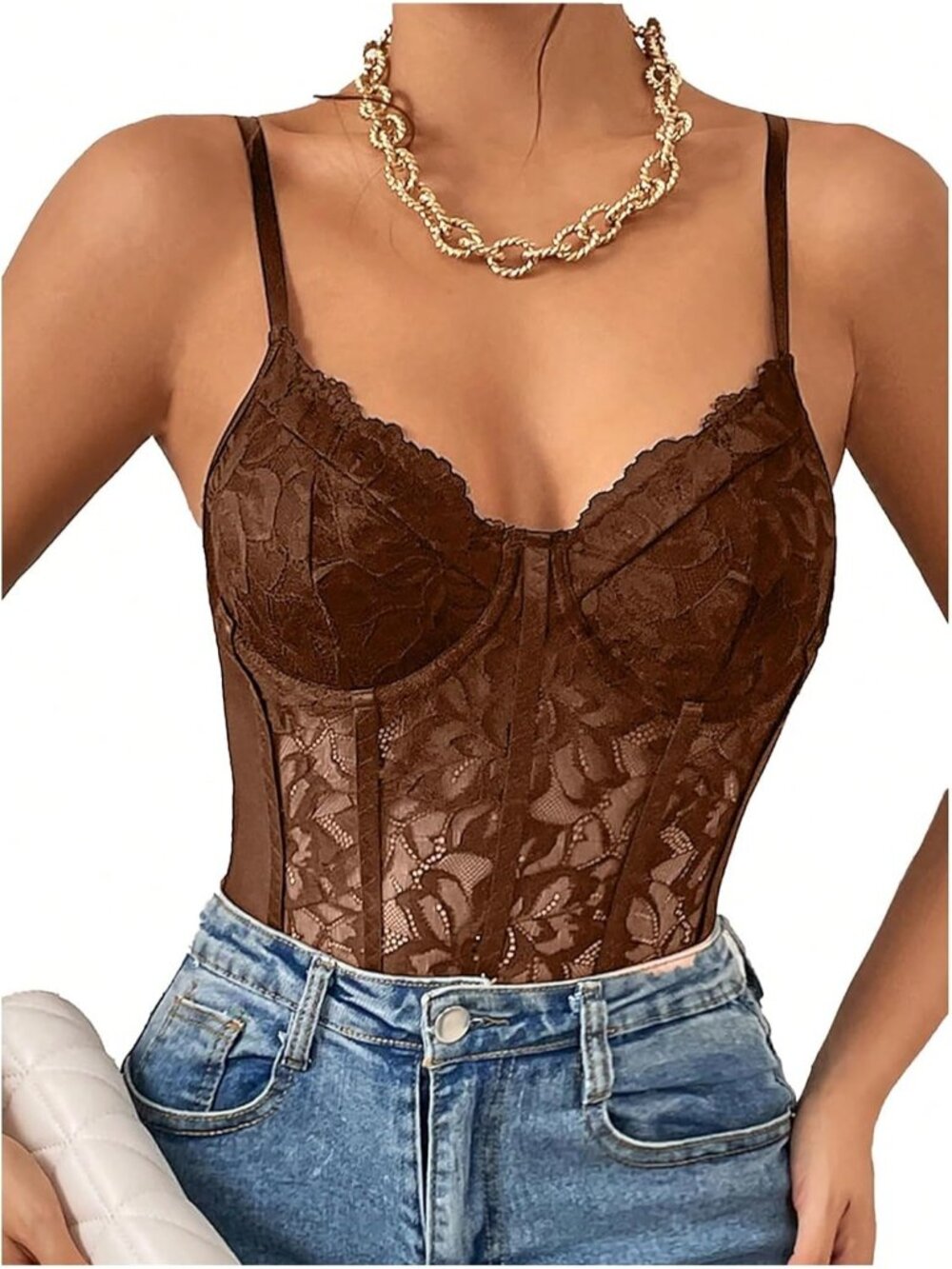 Women's Brown Underwire Sheer Mesh Bustier Spaghetti Bodysuit Lace Corset Top